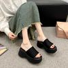 Wind thick bottom cool slippers women's 2025 summer small slippers feel comfortable stepping on shit Japanese slope heel round head one-word drag