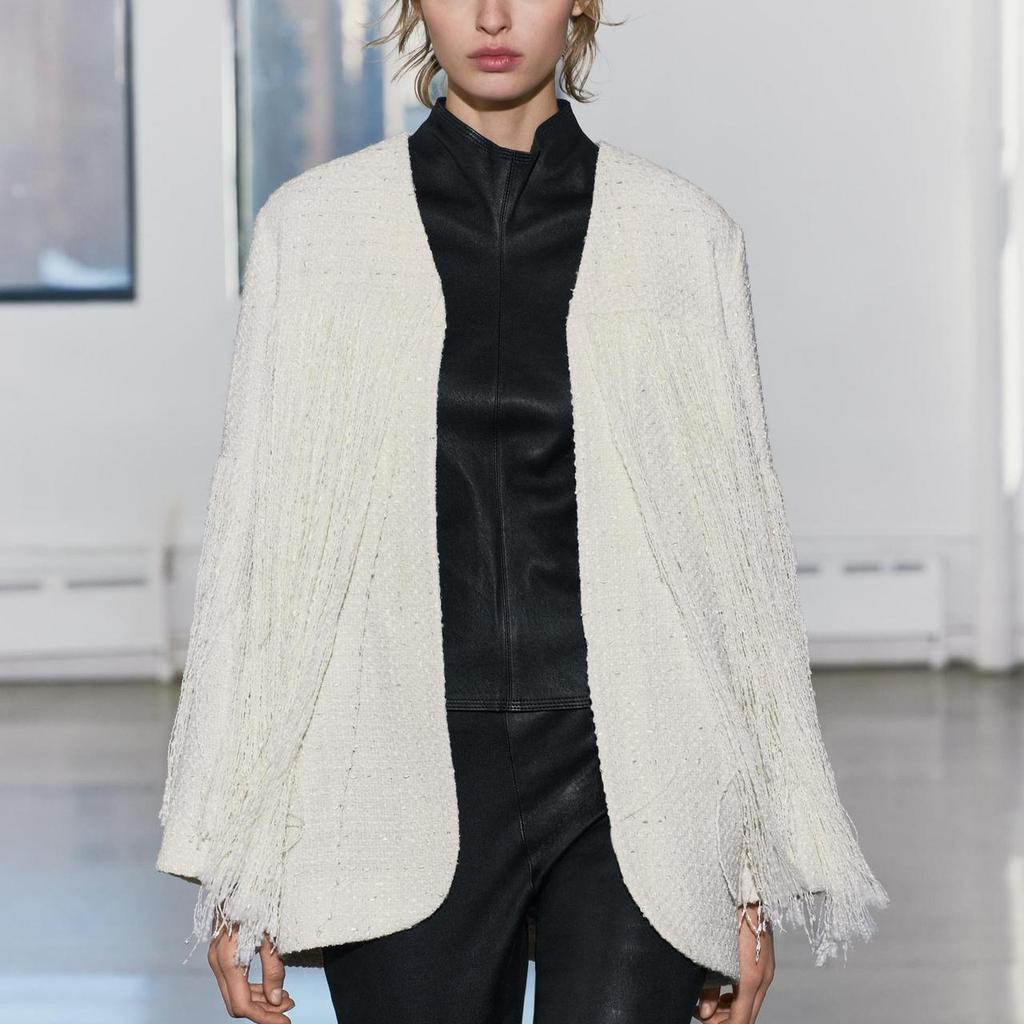 Zara Textured Fringe V-Neck Long Sleeve Jacket Women Jackets Beige 4786303-712