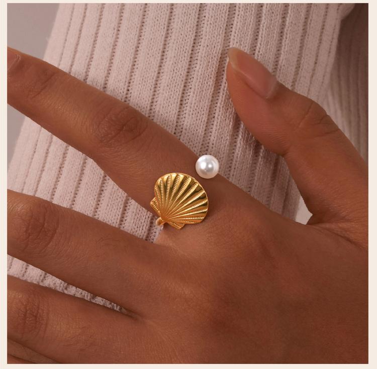 Pearl Open Ring for Women, Waterproof Knuckle Rings Gold Plated, Stainless Steel Cuff Wrap Finger Accessories