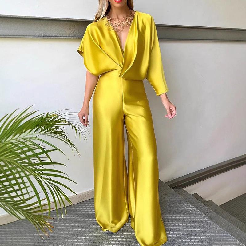 

Asymmetric Solid Color Deep V-neck Jumpsuit From Europe and America S жёлтый