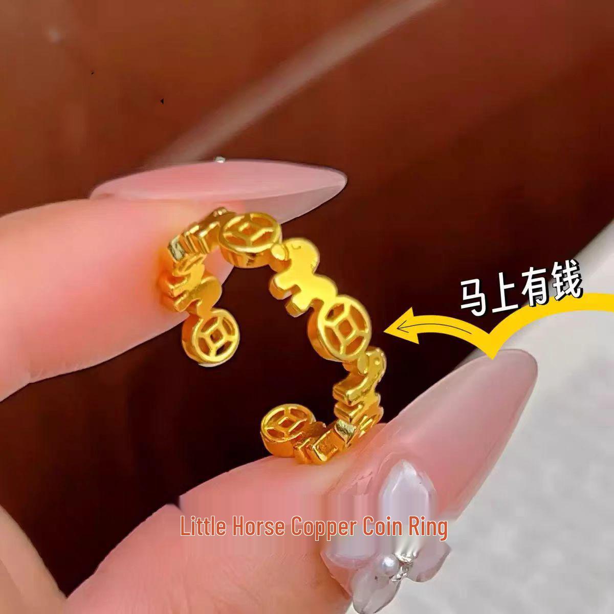 Gold-Plated Horse & Coin Zodiac Ring - Year of the Horse Benmingnian Jewelry