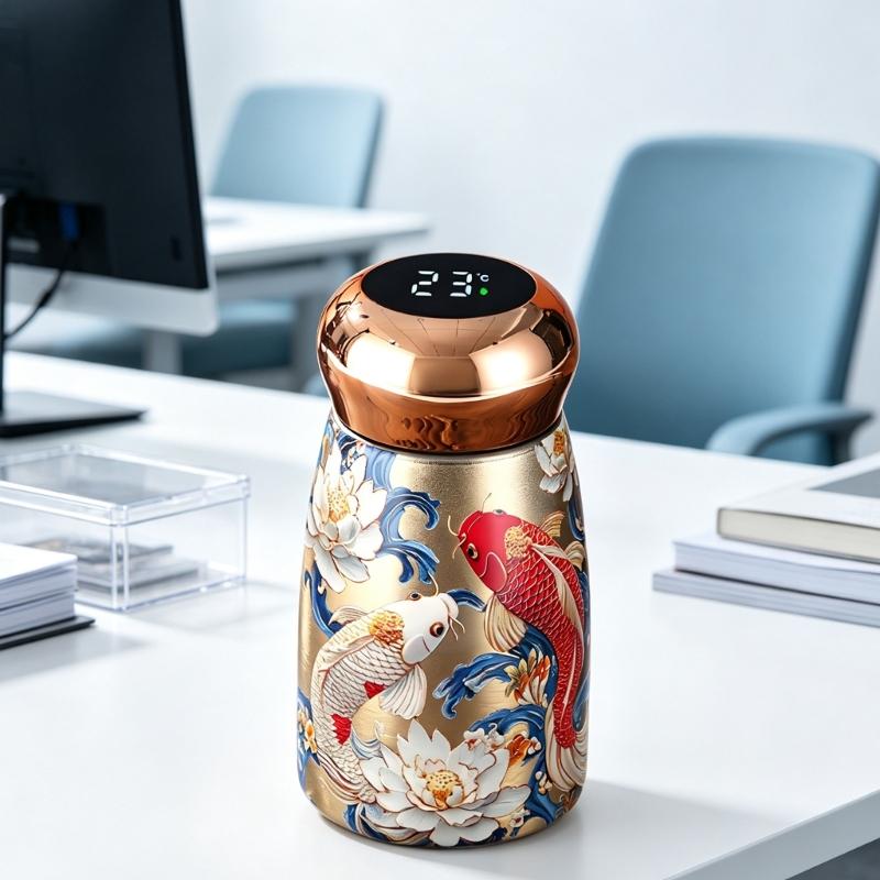 Stainless Steel Insulated Tumblers with Temperature Display, Decorative Florals Print Mini Thermal Cup for Office Desk Tea Coffee Beverage