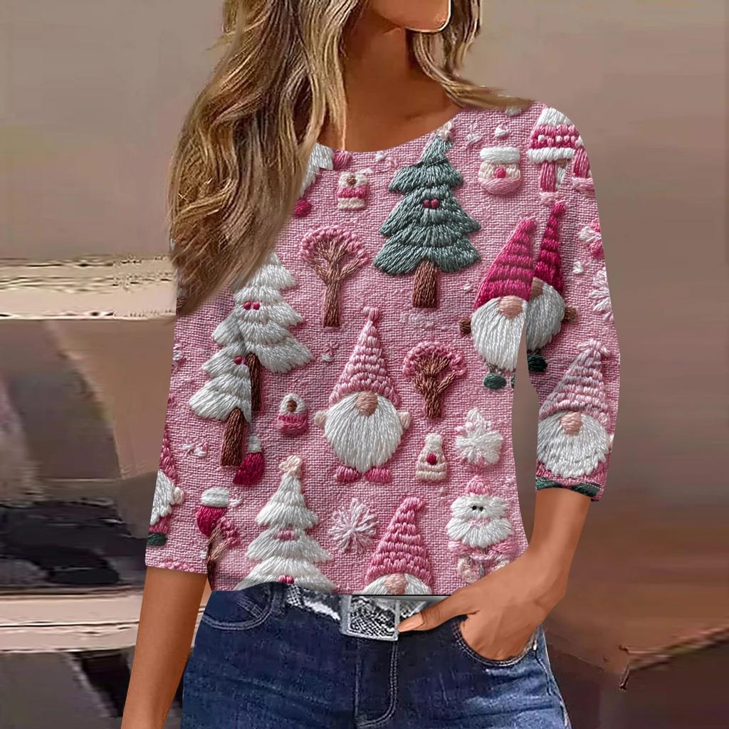 Women's Fashionable Casual Three Quarter Sleeve Christmas Printed Round Neck Top