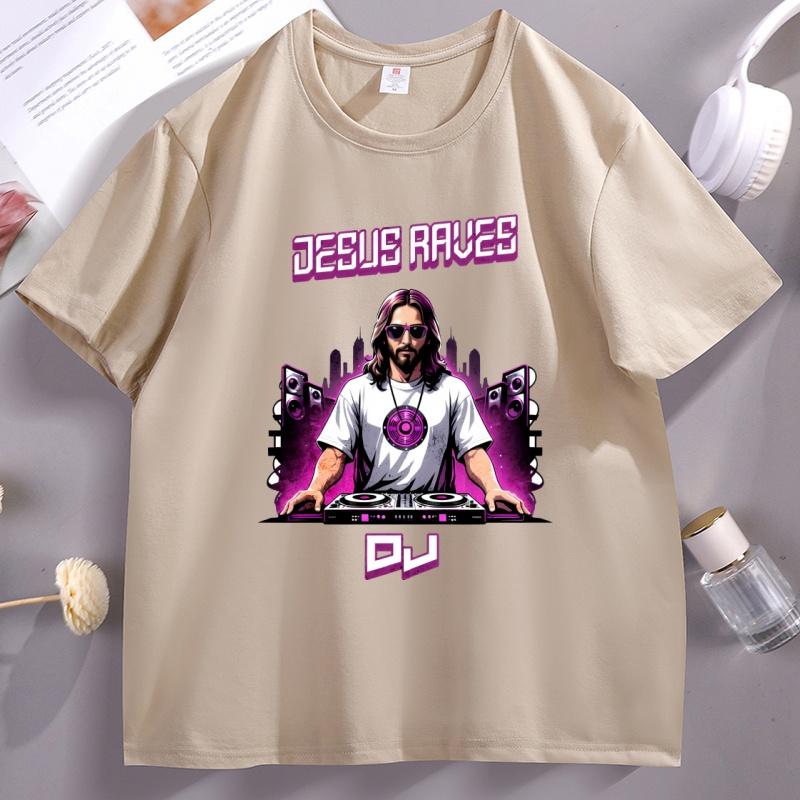 Jesus Raves DJ Graphic T Shirts Unisex Women Cotton Short Sleeve Tshirt Casual Round Neck Comfortable Tshirt Trendy Basic Tees