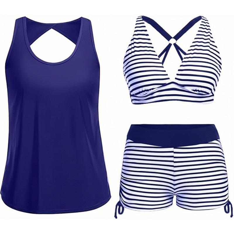 Hollow Back Three-piece Set, Side Adjustable Drawstring Boxers, Split Swimsuit for Women