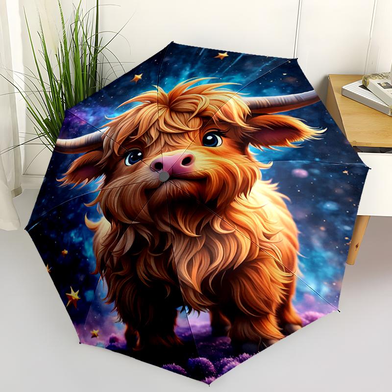 Cute Highland Cow Folding Umbrella Fashion Auto-Open Design 8 Iron Ribs Plastic Handle Foldable Sunshade Perfect Christmas Gifts