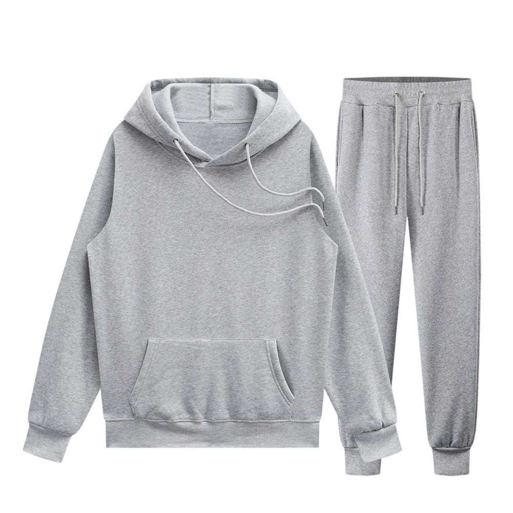 

2Pcs/Set Spring Autumn Couple Solid Color Sport Outfit Hooded Drawstring Long Sleeve Sweatshirt Elastic Waist Pockets Long Pants M светло-серый