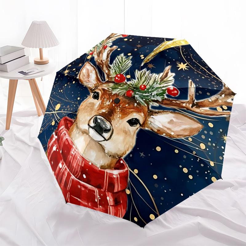 1pc Christmas Deer Automatic Open/Close Umbrella Compact Folding Umbrella, All-Season Portable Umbrella for Women/Men F1124032