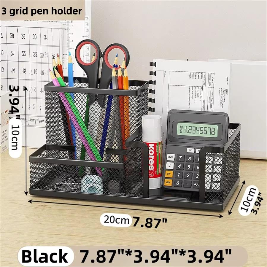 Black Mesh Desk Organizer - 3 Compartments With Pen Holder & Storage Baskets, Tame Office Supplies Clutter Fast