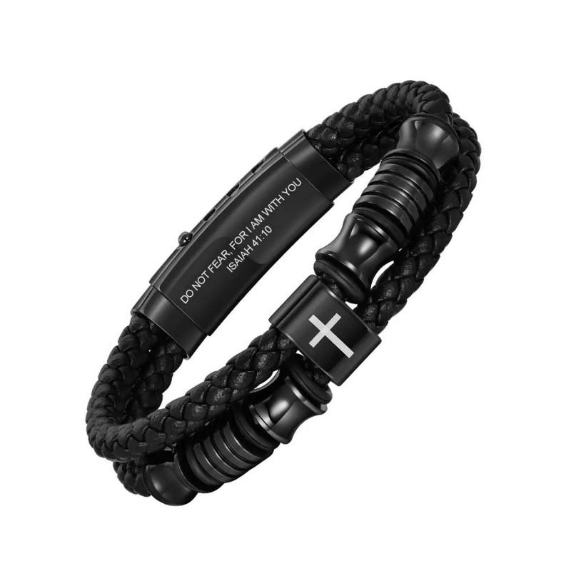 Mens Adjustable Stainless Steel Cross Pendant Braided Leather Bracelet Fashion Casual Wear
