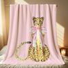 1Pc Women'S Cheetah Print Blanket - Soft Pink With Cheetah Face & Spots, All-Season Cozy Throw For Couch, Bed, Travel, Camping -