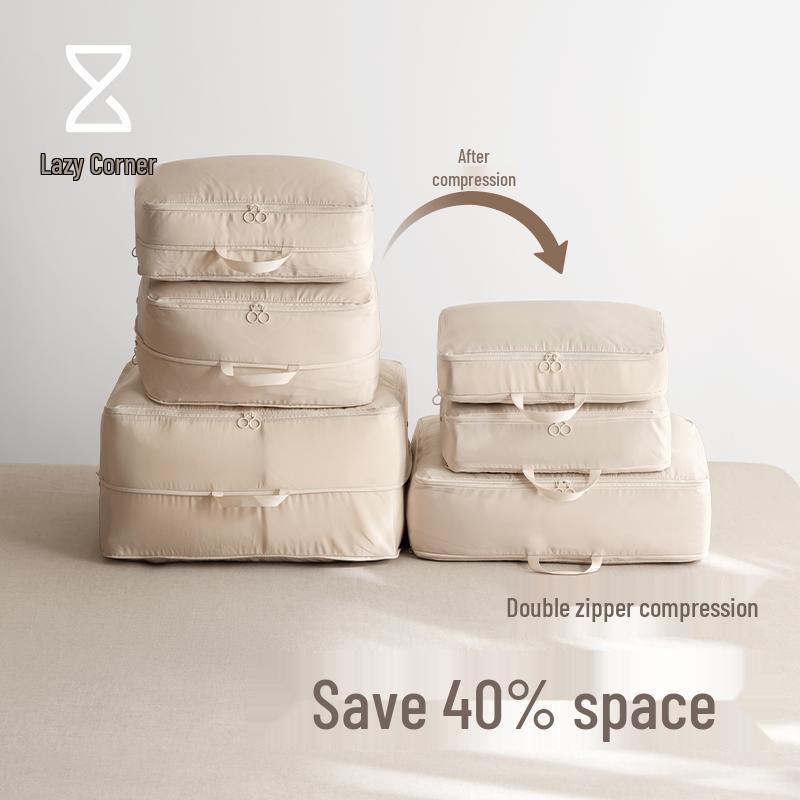 Conjunto de Armazenamento de Viagem de Seis Peças: Bolsas de Quatro Compartimentos para Roupa Íntima, Sacos de Grande Capacidade para Roupas e Sapatos em Mala