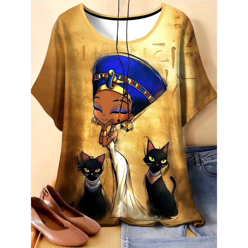 Plus Size Women s T-Shirt with Graphic Print, Round Neck Short Sleeve Summer Top S