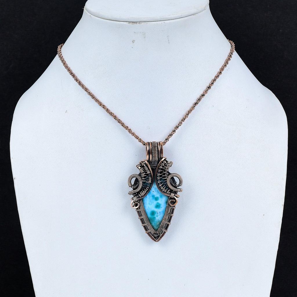Larimar Pendant Gemstone Jewelry, 999 Copper Wire Wrapped Pendant, Handmade Jewelry Birthstone Pendant, Gift For Him