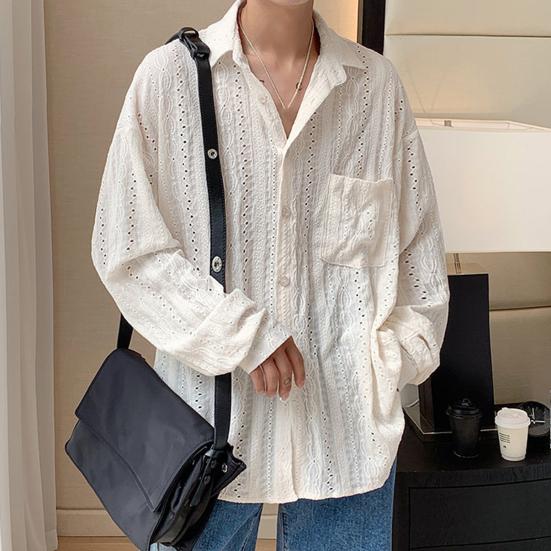

Spring Men Shirt Hollow Out Collar Single-breasted Color Loose Solid Turn-down Long Sleeves Chest Pocket Retro Hip Hop M абрикосовый