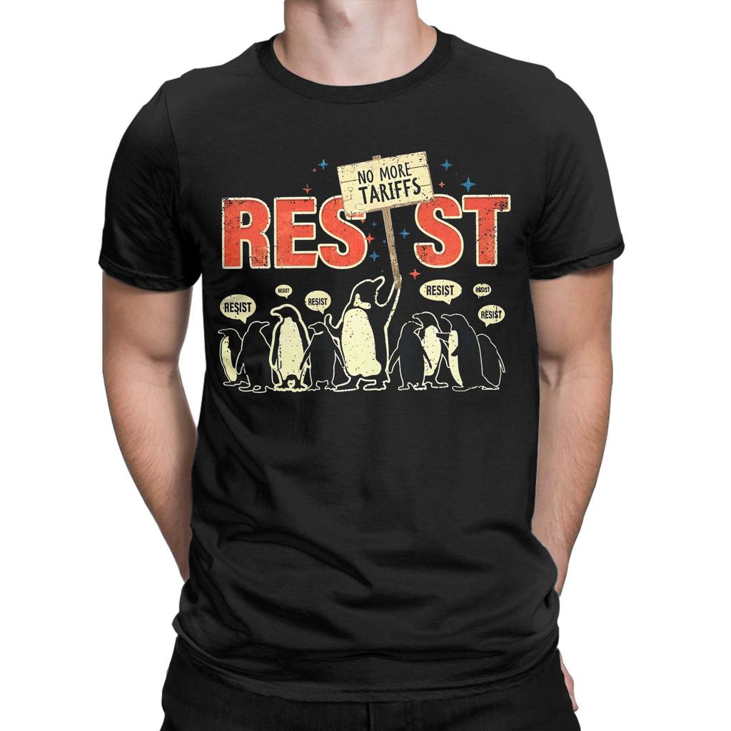 Casual Resist Penguin No More Tariffs T-Shirts Men Crew Neck Cotton T Shirt Funny Short Sleeve Tee Shirt Original Tops