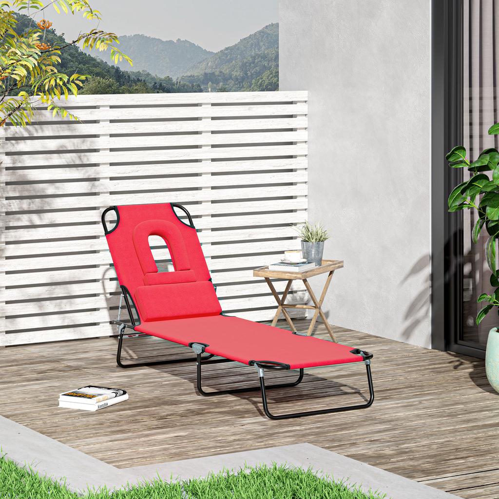 Foldable Outdoor Sun Lounger Adjustable Backrest Reclining Chair with Pillow and Reading Hole Garden Beach, Red