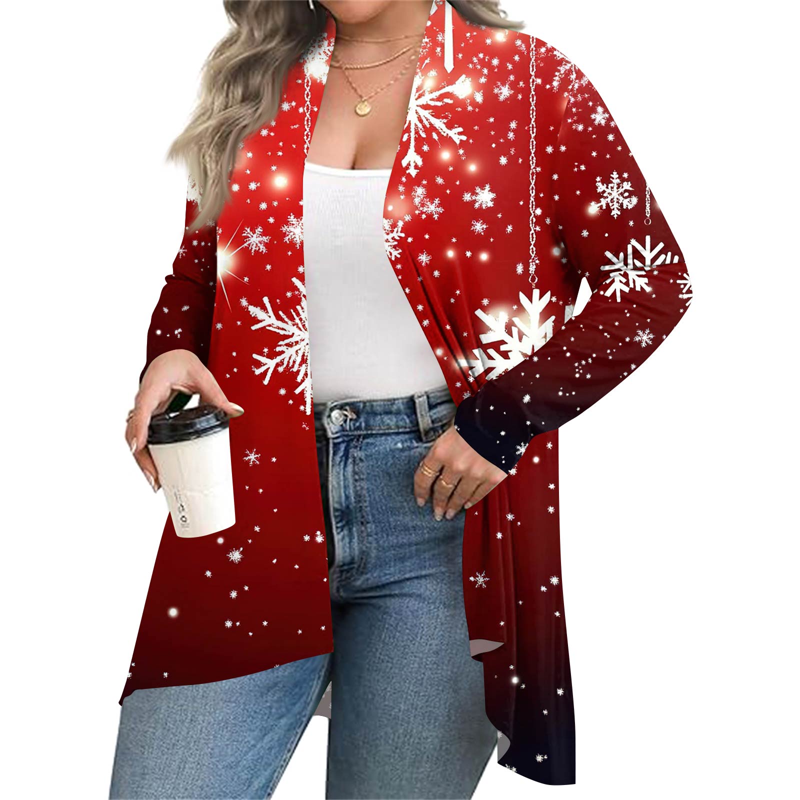 

Women s Fall And Winter Fashion Casual Print Long Sleeve Mid-Length Cardigan Jacket XL кавун червоний колір