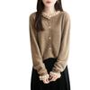 Women's Pure Wool French Color Block Cardigan with Lace Collar - Autumn/Winter Knit Sweater.