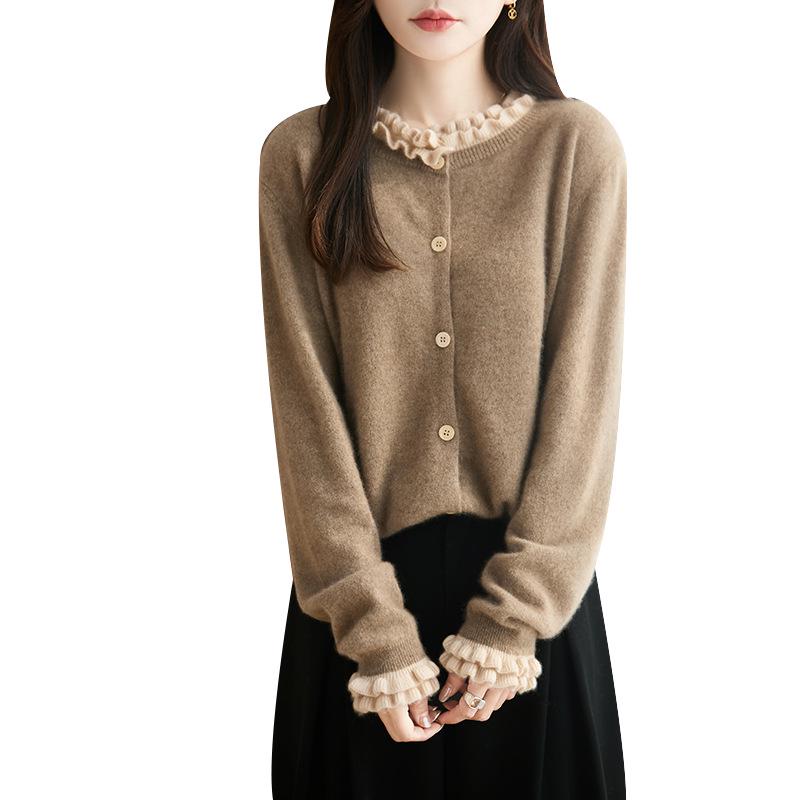 Women's Pure Wool French Color Block Cardigan with Lace Collar - Autumn/Winter Knit Sweater.