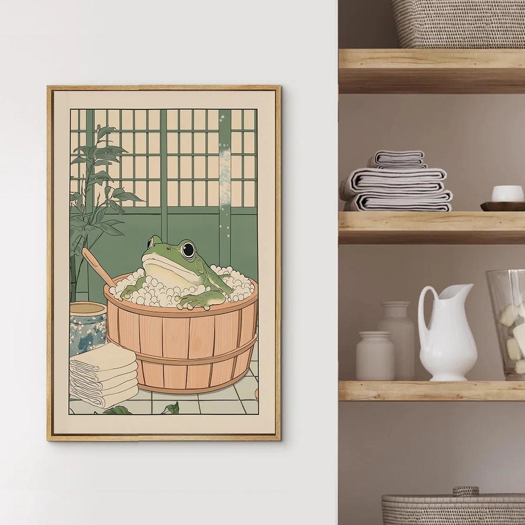 Japanese Frog in A Bathtub Print Poster Vintage Cute Fun Animal Canvas Painting Bathroom Home Decor Poster Gifts-unframed