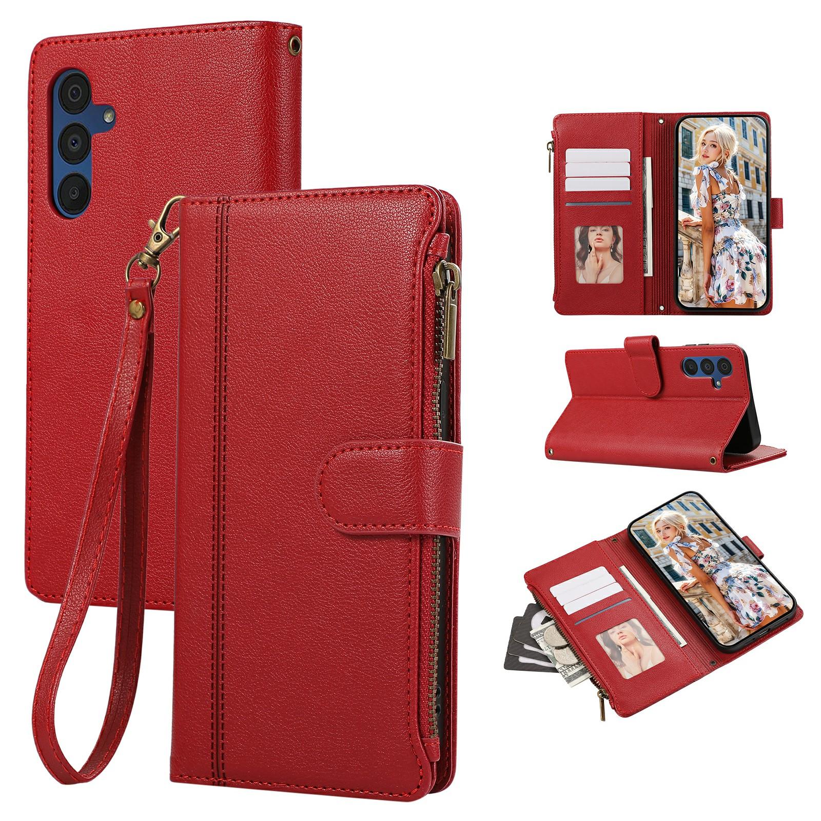 

For Samsung Galaxy A17/A26 5G/A16 5G/A16 4G Case Multi Card Slots Zipper Leather Phone Cover with Wrist Strap Red