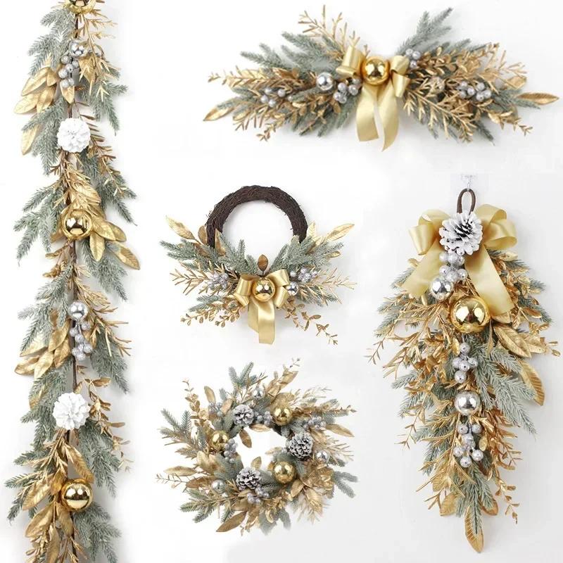 Creative Fashion Outdoor Christmas Ornament Decor Artificial Christmas Wreath Branch Rattan Golden Garland Front Door Hanging Wa