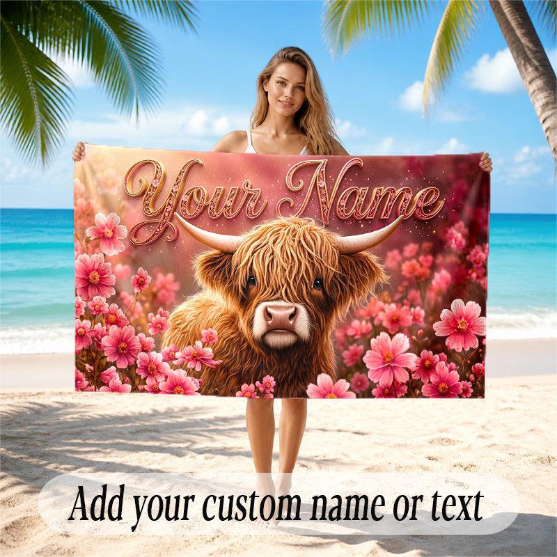 Floral Garden Theme Quick Dry Beach Towel Custom Name Text Print Large Sand Resistant Towel Beach Vacation