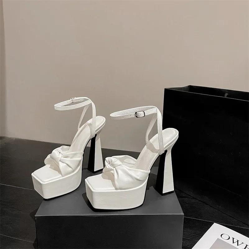 Peep Toe Square Head Pleated Leather Butterfly-Knot Sandals for Women Banquet Party High Heels Shoe Buckle Strap Platform Pump