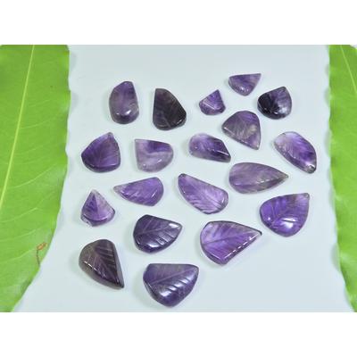 100Cts. Natural Amethyst Leaf Carving Pear Cabochon Loose Gemstone 19Pcs Lot A-544