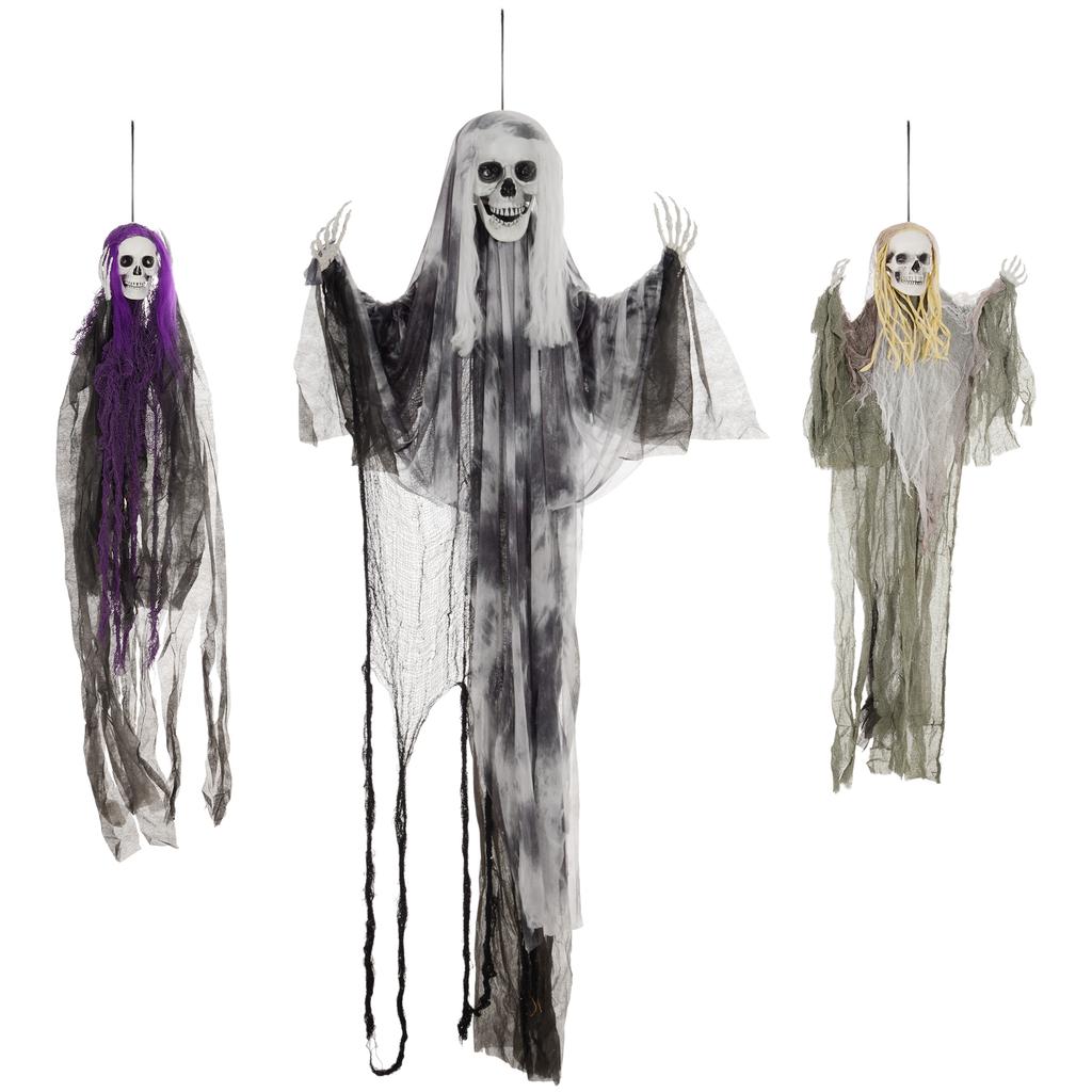 Hanging skeleton ghosts, set of 3, Halloween decorations, adjustable arms, 90/110/200cm