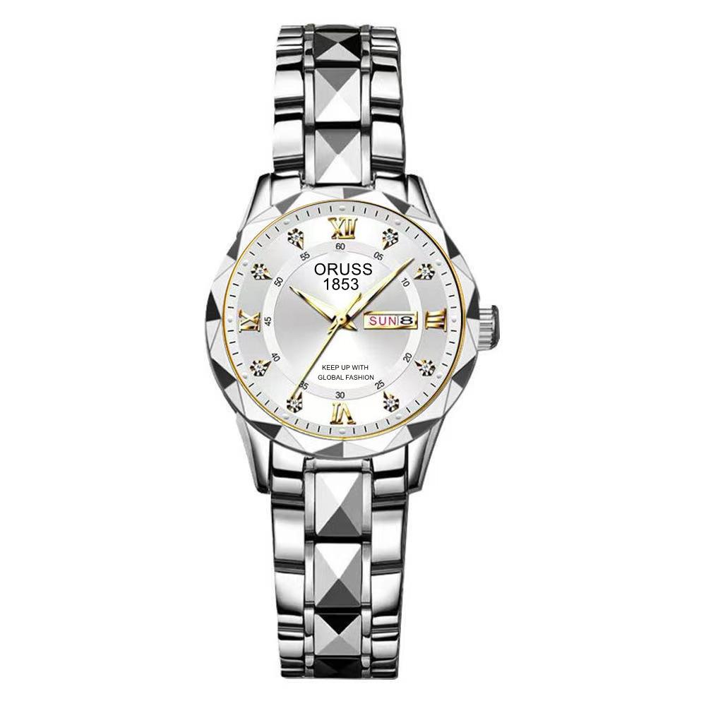 Women'S Fashion Rhombus Double Calendar Luminous Waterproof Quartz Watch Solid Belt