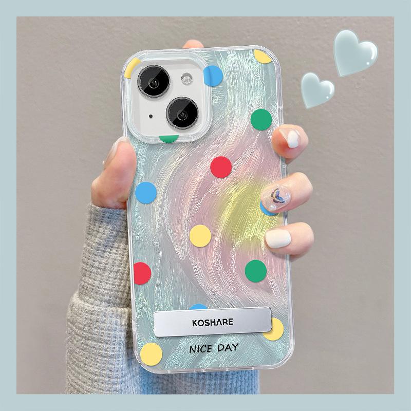 Applicable To Apple 15 Mobile Phone Case Iphone14promax Color Polka Dot Stand 13 Feather Yarn 12 High-end Large Hole