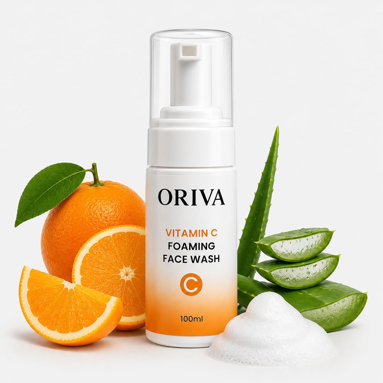 ORIVA Vitamin C Foaming Face Wash 100ml | Brightening & Deep Cleansing Face Cleanser | With Niacinamide, Aloe Vera, Orange Extract & Panthenol | Hy