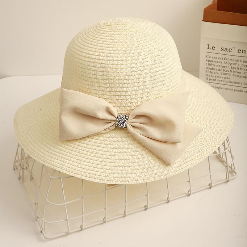 

Vintage Elegant Butterfly Bow Wide Brim Straw Hat For Women Summer Sunshade Fashion Travel Sunscreen Cap білий
