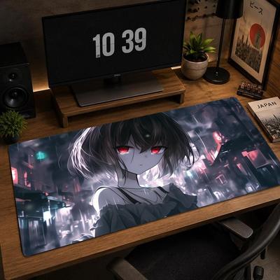 Large Anime Girl Desk Pad XXL Neon Rain City Mousepad Non‑Slip Rubber Keyboard Desk Mats Red Eyes Computer Gaming Mouse Mats