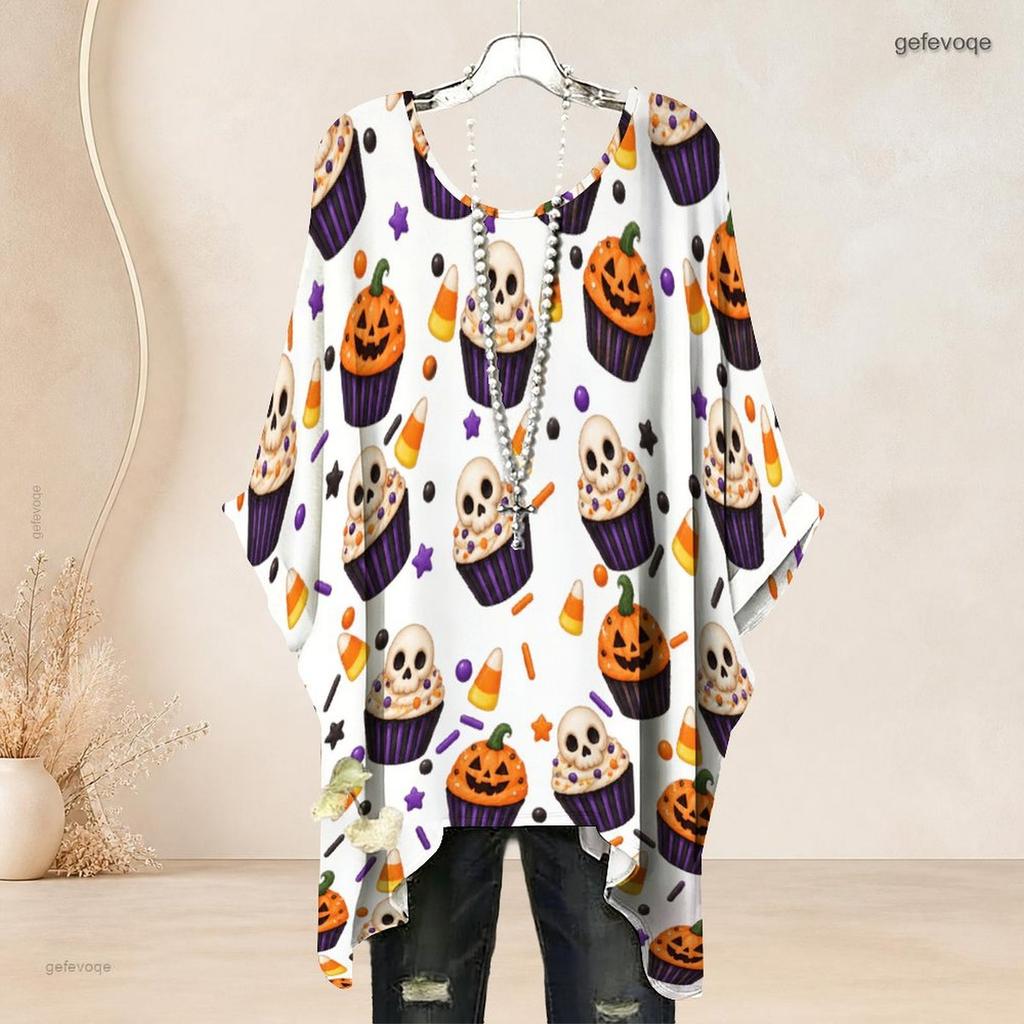 Women Plus Size Round Neck Batwing Sleeve Loose Halloween Printed White Top Side Slit Hem
