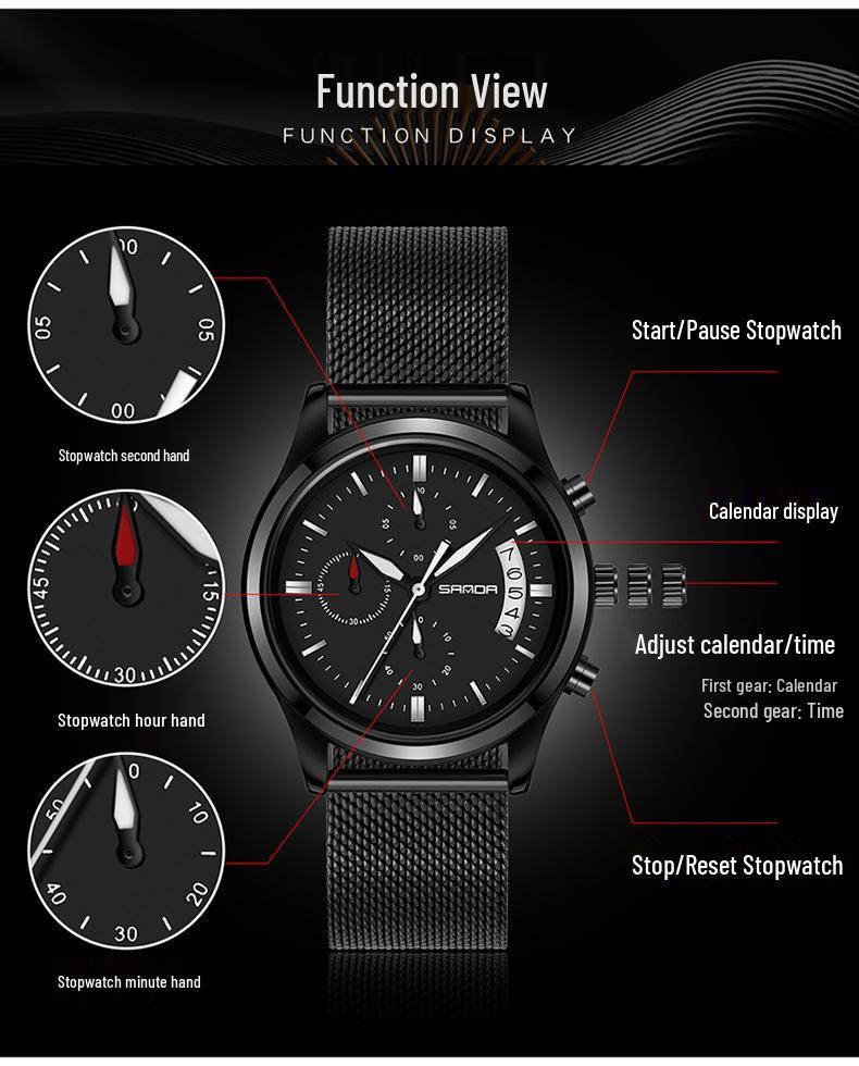 Sanda Men's Fashion Quartz Watch with Date, Three Hands, and Nail Scale