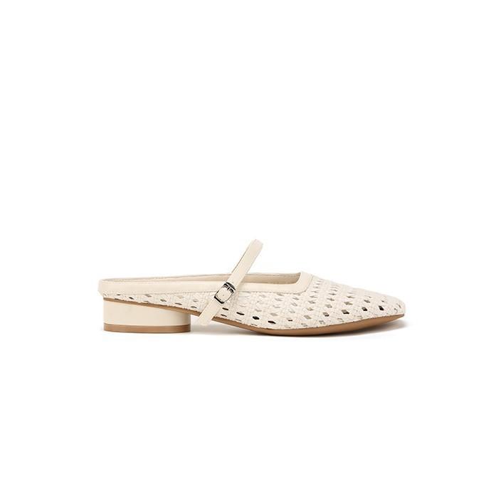 Cowhide Version~ French Square Head Thick Heel Woven Flat Sandals 2025 Xia Muller Sandals Bag Head Empty Single Shoes Women