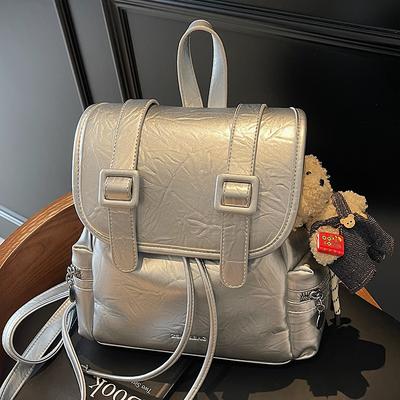 Korean Version of Large-capacity Casual Backpack Women's 2025 New College Style Student Schoolbag Simple PU Leather Travel Backpack