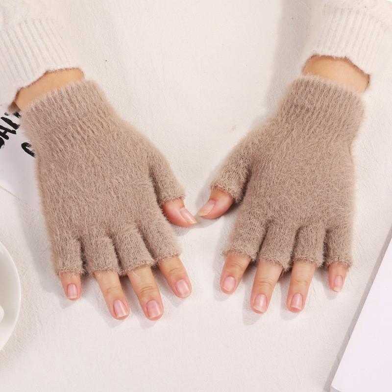 Fuzzy Gloves Women Winter Soft Warm Fashion Writing Gloves Office Typing Student Solid-Color Minimalist Ladies Half-Finger Glove