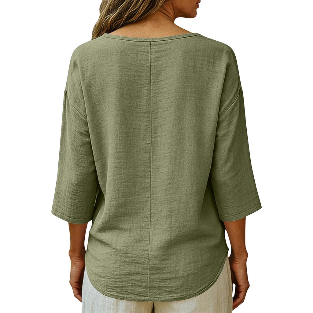 Women's Fashionable Loose-Fit -Color Cotton-Linen V-Neck Casual Blouse