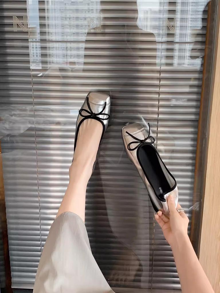 Sheepskin version~ genuine leather French retro flat-bottomed ballet shoes women's head pedal bow single shoes grandma shoes