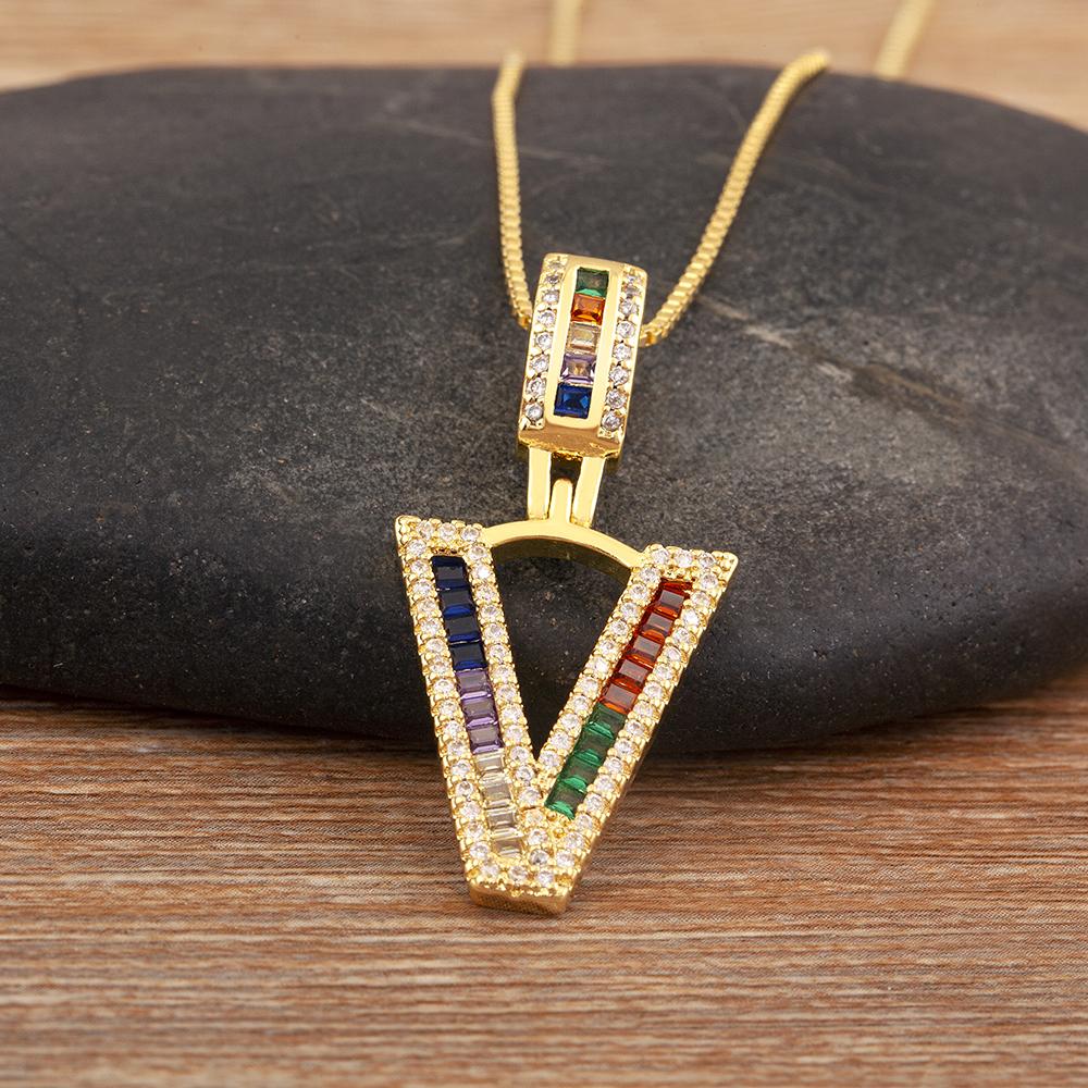 Nidin Simple Fashion 26 A-Z Letters Alphabet Rainbow Cubic Zirconia Pendant Necklace For Women Men Hip-Hop Style Copper Jewelry