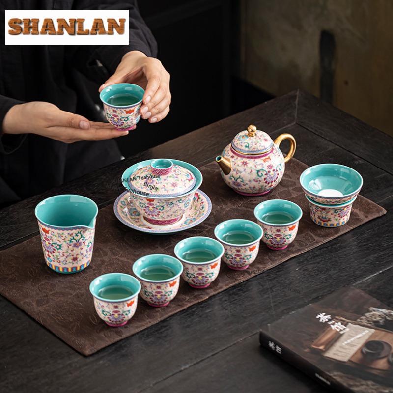 Color Enamel Flower Tea Set Complete Set Boutique Gaiwan Tea Ceremony Set Teapot And Tea Cup Set Chinese Tea Set Ornaments Gifts