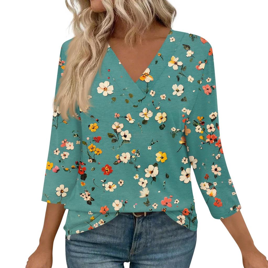 3/4 Length Sleeve Womens Tops V Neck Casual Tunic Tops Basic Shirts Loose Fit Blouse