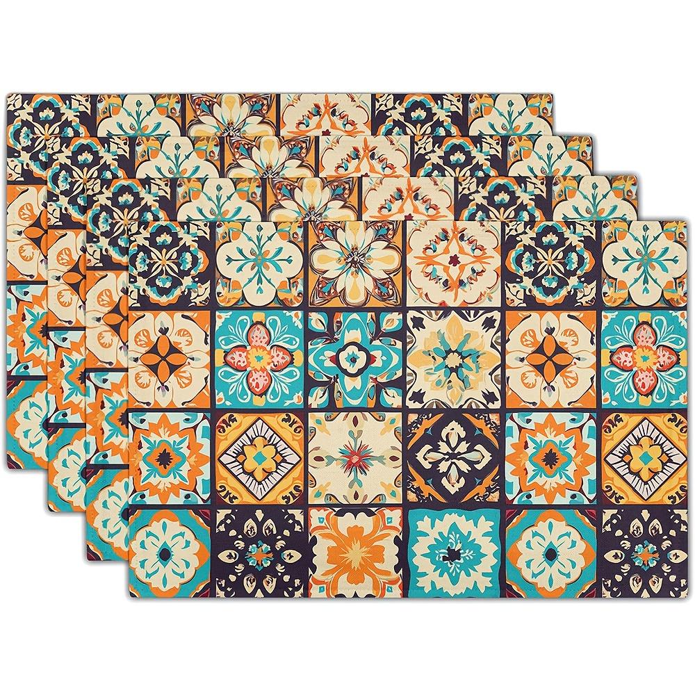 Boho Floral Placemats Set of 4, Retro Flower Geometric Place Mat Bohemian Floral Cloth Tablemats Non-Slip Washable Tabletop Mat 12x18 Inch for Indoor
