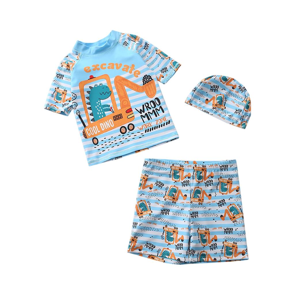 Boys Three Piece Swimsuit Set Short Sleeve Rash Guard Swim Shirt Swim Shorts and Swim Cap Cartoon Dinosaur Print Sun Protection Swimwear