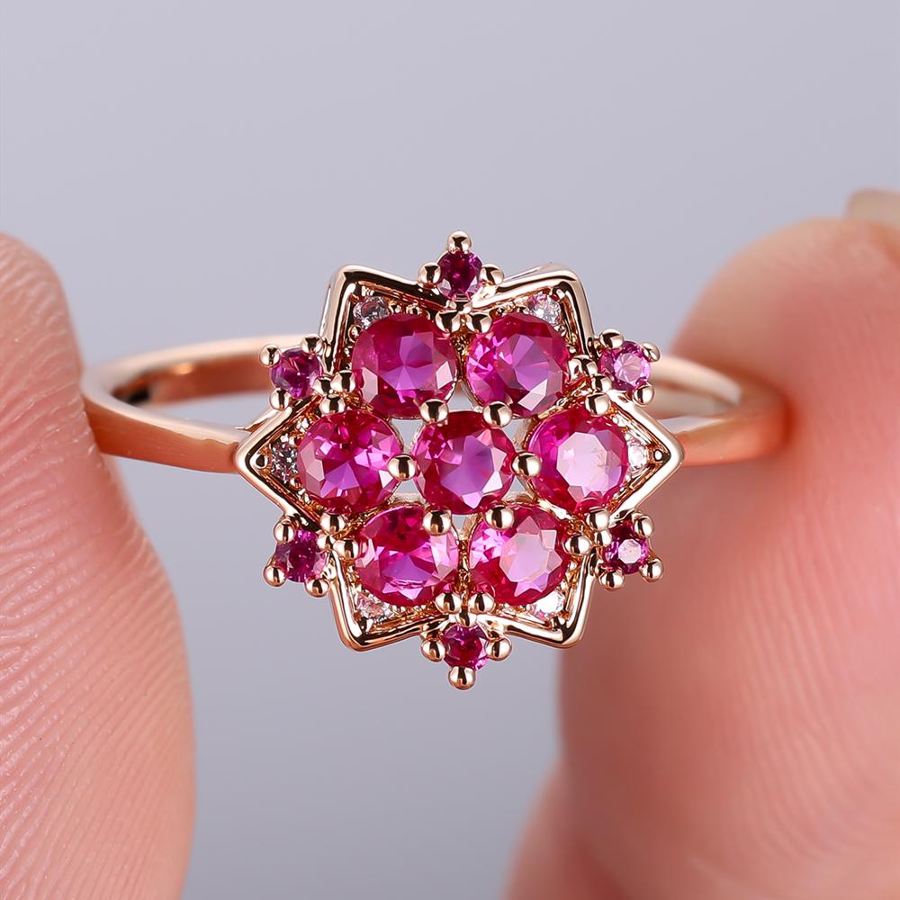 Romantic Style Cubic Zirconia Rose Red Flower Rings for Women Gold Color Wedding Jewelry