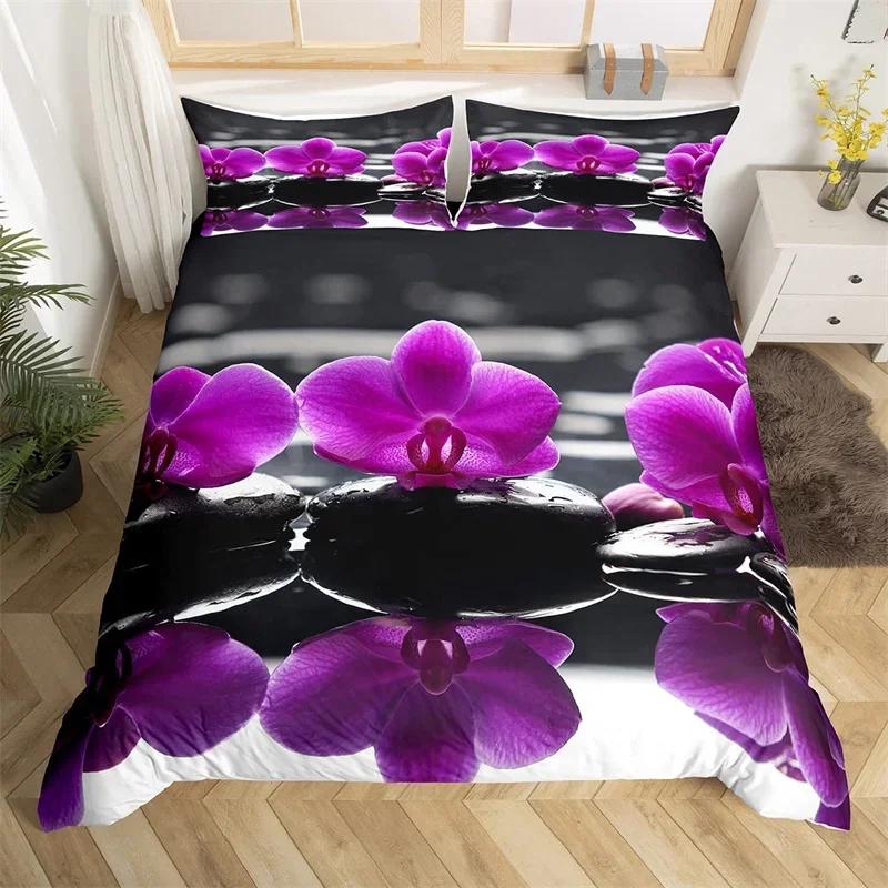 Comforter Zen Stones King Sandy Beach Bedding Set Microfiber Purple Phalaenopsis Comforter Meditation